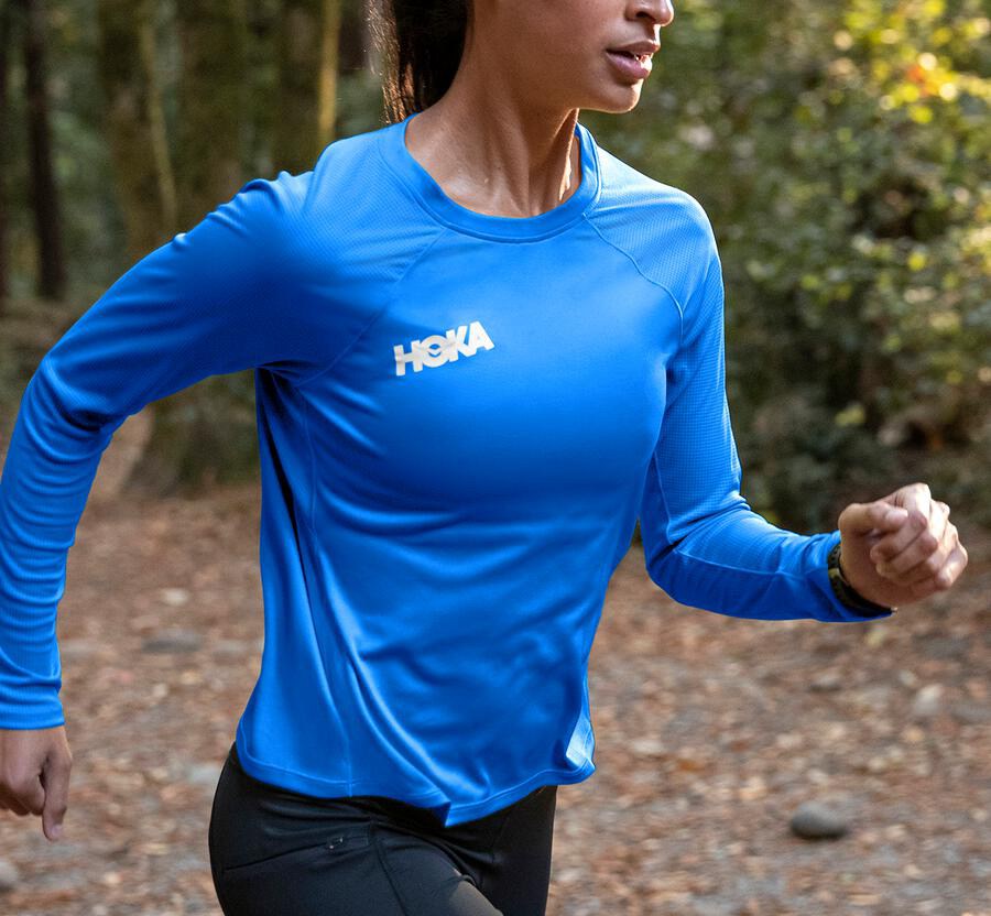 Top Hoka One One Mujer - Performance Largos Sleeve - Azules - AMH259604